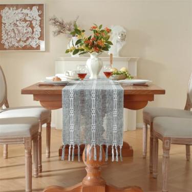 Imagem de Caminho de mesa rústico com borlas, caminhos de mesa boho trançados listrados, mesa de linho de algodão para jantar, festa de férias e casamento (preto-cinza-duplo, 33 x 156")