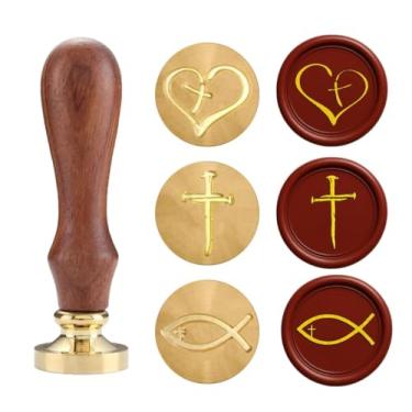 Imagem de Conjunto de mini carimbos de cera cristã – 3 cabeças de latão com coração cruzado, símbolos God Bless e Ichthys | Cabo de madeira | Perfeito para diários de oração, cartas, notas de estudo da Bíblia