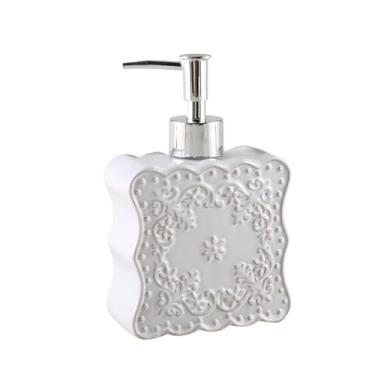Imagem de Lindo dispensador de sabão de cerâmica branca com design de padrão em relevo 400 ml loção líquida quadrada para as mãos com bomba, lava-louças recarregável para cozinha, banheiro, bancada e decoração