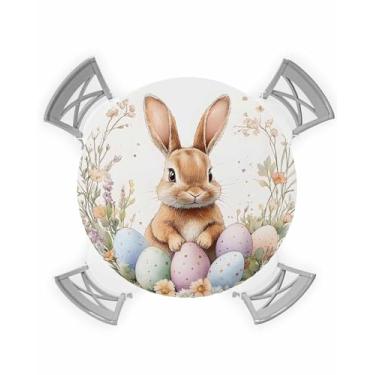 Imagem de Toalha de mesa redonda elástica de Páscoa, linda toalha de mesa marrom com ovo de Páscoa para mesa redonda, à prova de óleo, à prova d'água, com folhas de flores de primavera (adequada para mesa