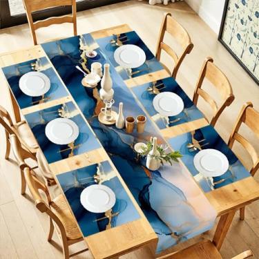 Imagem de Conjunto de 6 corredores de mesa abstratos azuis e dourados, 33 x 182 cm, jogo americano de 30 x 45 cm, mesa de jantar moderna para cozinha, casa ou decoração artística