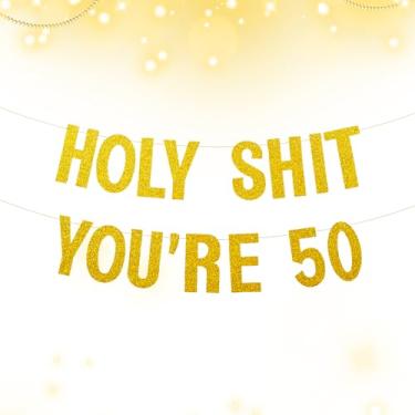 Imagem de Decorações engraçadas de aniversário de 50 anos para homens e mulheres, faixa grande pré-amarrada rude Holy Shit You're Old Banner, suprimentos de festa de aniversário de marco com glitter, cartolina