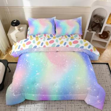 Imagem de Yadangxiawa Conjunto de 5 peças de edredom solteiro para meninas, 5 peças, cama em uma bolsa, edredom azul e rosa, conjunto de cama para adolescentes