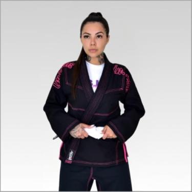 Imagem de kimono jiu jitsu feminino preto costura rosa Pink F4 - Até 1,90m e 95kg