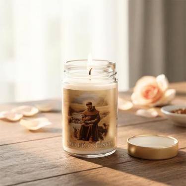 Imagem de Vela Vidro Perfumada São Francisco De Assis, Aroma de Rosas, Branca, Parafina, 10cm Altura x 6cm Diâmetro, 155g, com Tampa Dourada