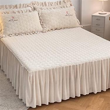 Imagem de THJKUPO Capa de chapéu de cama tipo colcha com clipe de algodão com borda de saia, capa de avental de cama, fronha espessa, conjunto de três peças (200 * 220 cm)