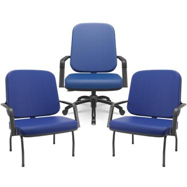 Imagem de Kit Cadeira de Escritório Giratória e 2 Cadeiras Fixas Preta Magno P03 Vinil Azul - Lyam Decor