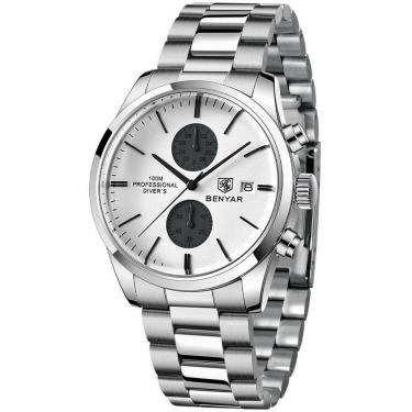 Imagem de Relógio De Quartzo Esportivo Masculino Benyar Luxo Impermeável Cronógrafo Branco Aço