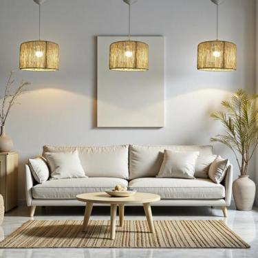Imagem de Kit 3 Lustres Pendentes de Teto de Sisal Natural 30cm  Iluminação Arte