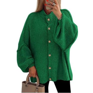 Imagem de Suéter de cardigã feminino PRETTYGARDEN de malha grossa verde GG