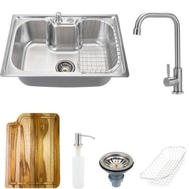 Imagem de Cuba para Cozinha pia Inox com acessórios e tábua Carajás e Torneira p