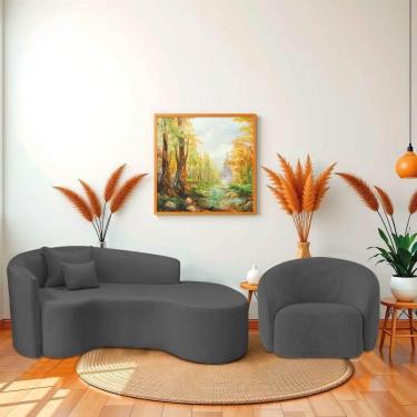 Imagem de Kit Recamier Curvo Sala De Estar Inglaterra 180cm Lado Direito E Poltrona Orgânica Luxo Amore Linho Cinza Escuro