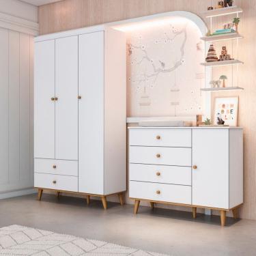 Imagem de Conjunto Cômoda Lígia Roupeiro Lígia Quarto de Bebê 100% Mdf Branco C/ Betula