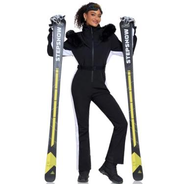 Imagem de YEEFINE Macacões de neve femininos de uma peça, à prova d'água, para snowboard, inverno, ao ar livre, jaqueta e calça, Preto, branco, M