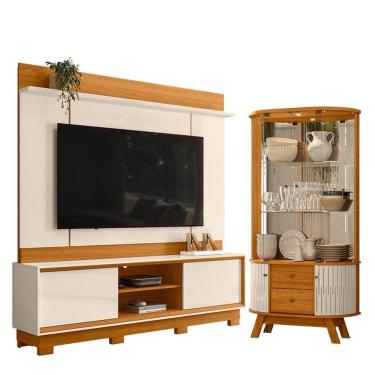Imagem de Estante Home Theater Siena Com Pés Com Cristaleira Moss Cinamomo Off White - Madetec