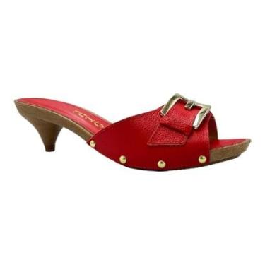 Imagem de Tamanco Tchocco Feminino Salto Baixo Couro Vermelho Fivela Retrô Francesinha 47704-Femi...