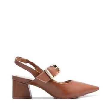 Imagem de Sapato Via Comfort Slingback Caramelo Salto Bloco Bico Fino-Feminino