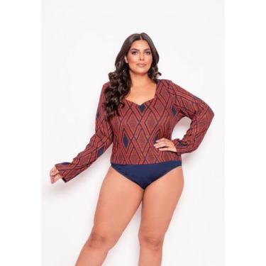 Imagem de Body Manga Longa Plus Size Tricot - Predilects Plus, Telha, 44, Femini