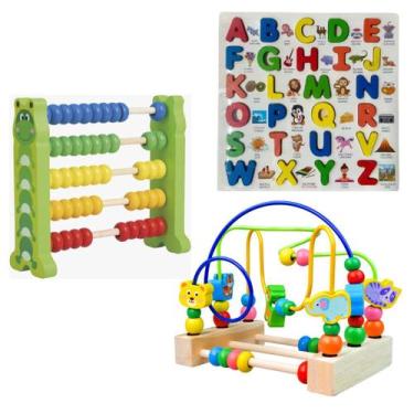 Imagem de Kit Educativo 3 Brinquedos de Madeira, Aramado Montanha Russa, Ábaco e