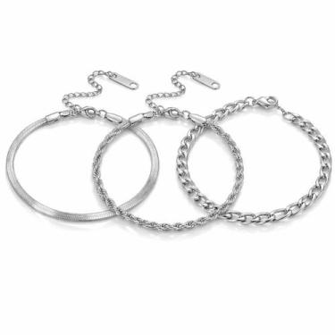 Imagem de Kit Trio Pulseiras Em Aço Inox - Não Fica Preto Moda Grossa - Lojas La