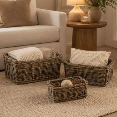 Imagem de Conj. 3 Cesto Rattan Natural Organizador Decorativo Multiuso - Btc