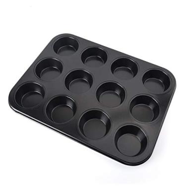 Imagem de 12 copos consecutivos pretos antiaderentes para assar pequenos pães muffin copo molde para assar (Tamanho: 35 cm de comprimento x 26 cm de largura x 2,8 cm de altura)