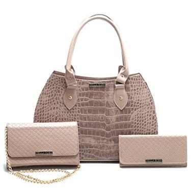 Imagem de Bolsa Feminina Pasta Grande De Ombro + Bolsa Pequena Festa Clutch Transversal + Carteira Feminina (Amendoa)