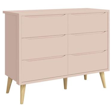 Imagem de Cômoda Infantil 6 Gavetas Retrô Theo Rosa Acetinado com Pés Natural - Reller