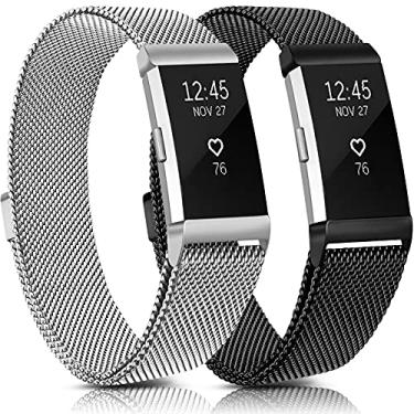 Imagem de Meliya Pulseiras de metal compatíveis com Fitbit Charge 2, pulseiras de substituição de trava magnética de aço inoxidável para Fitbit Charge 2 mulheres homens pequeno grande (grande, preto + prata)