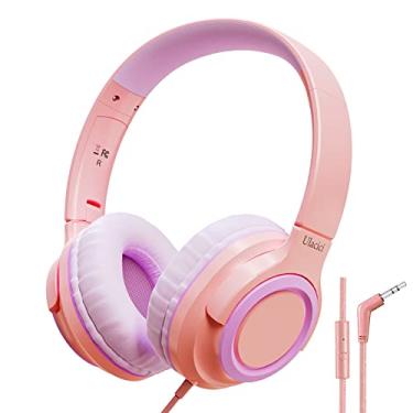 Imagem de Fones de ouvido infantis rosa para escola, fones de ouvido infantis para crianças com limite de volume de 94 db, fones de ouvido infantis com fio para aprendizado on-line/escola/viagem/tablet ajustável dobrável