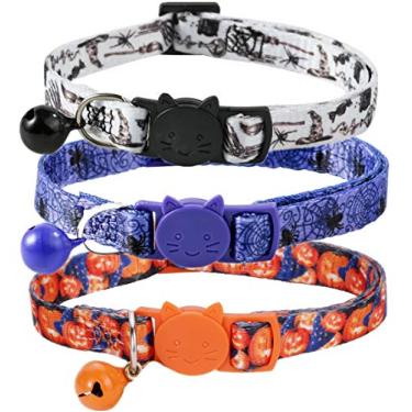 Imagem de Coleira de gato de Halloween da BoomBone, pacote com 3 coleiras de gatinho com sino.