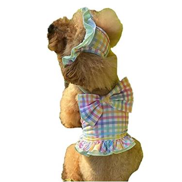 Imagem de Roupa de banho para cães de verão conjunto de biquíni xadrez para cachorro pequeno médio vestido de banho de praia macio com chapéu de sol para atividades ao ar livre, A, G (peito: 44cm)