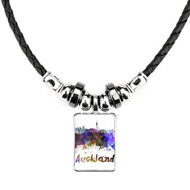 Imagem de DIYthinker Auckland Colar de Aquarela cidade da Nova Zelândia Joias Torque Pingente de Corda de Couro