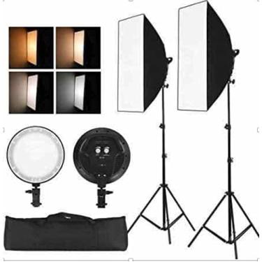 Imagem de Kit de iluminação de estúdio com 2 softbox 50x70, 2 Lâmpadas de LED com ajuste de cor, 2 tripés e bolsa