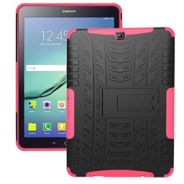 Imagem de Capa para tablet, capa protetora, capa para tablet capa de tablet compatível com Samsung Galaxy Tab S2 9,7 polegadas/T810 Textura de pneu à prova de choque TPU+PC capa protetora com suporte de alça dobrável (cor: rosa vermelha