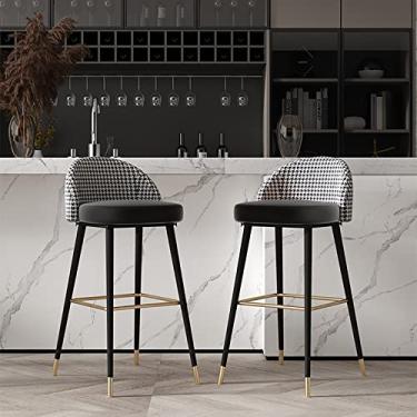 Imagem de Cadeiras de jantar cadeiras de sala de jantar banquetas de bar de metal banquetas de bar de altura balcão conjunto de 2, banqueta de bar de veludo com encosto de houndstooth confortável, apoio para os pés preto, cadeiras de jantar estofadas para pub Island Home K