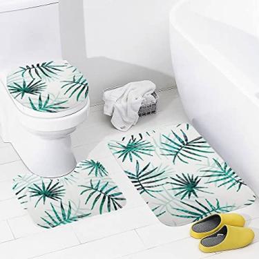 Imagem de Conjunto de 3 peças de tapetes de banheiro tropicais, folhas de palmeira, exótico, lavável, tapete antiderrapante, tapete de contorno e tampa para banheiro
