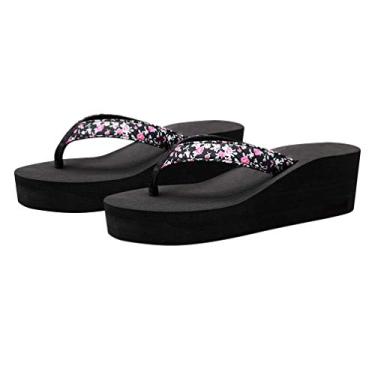 Imagem de Happyyami Sandália anabela de verão chinelo feminino sandália confortável de praia (tamanho floral bege 36 23 cm comprimento 6US 3,5 UK 36,5 EU 9,039 polegadas), Floral preto, 8