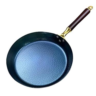 Imagem de Frigideira, panela de ferro forjado feita à mão, frigideira, wok de fundo plano, panelas antiaderentes não revestidas, com cabo de madeira antiqueimadura (26 cm)