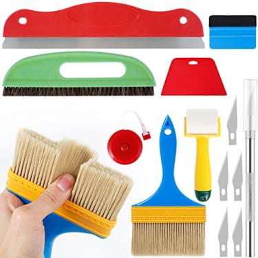 Imagem de QENWKXZ Kit de ferramentas de alisamento de papel de parede DIY Kit de pasta de papel de parede profissional kit de ferramentas manuais com rolo de costura de escova fita métrica cortador raspador
