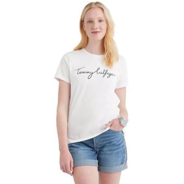 Imagem de Tommy Hilfiger Camiseta feminina de algodão de desempenho – Camisetas estampadas leves, Logotipo de assinatura impresso branco óptico, M