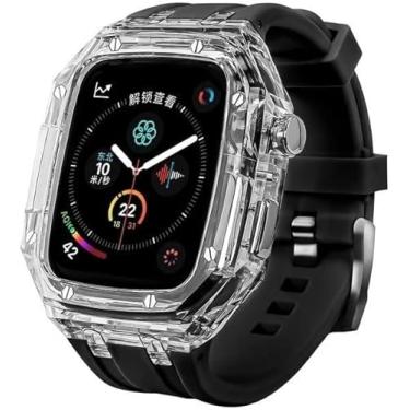 Imagem de SCHIK Kit de modificação capa protetora transparente pulseira de borracha para Apple Watch de 45 mm e 44 mm, capa de relógio colorida de designer com pulseira de borracha para iwatch 8 7 6 5 4 SE