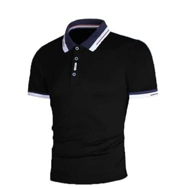 Imagem de BAFlo Nova camiseta masculina com contraste de cores e patchwork, camisa polo masculina de manga curta, Preto, XXG