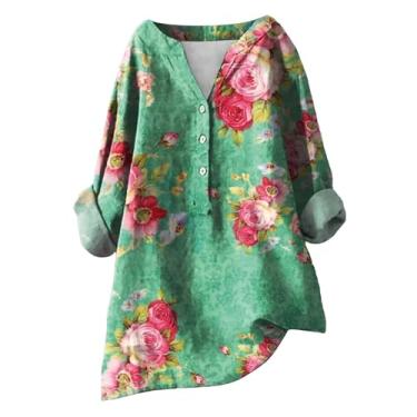 Imagem de Camiseta feminina de verão de linho, estampa floral, gola V, botões, camisetas soltas, casuais, elegantes, elegantes, Verde, M
