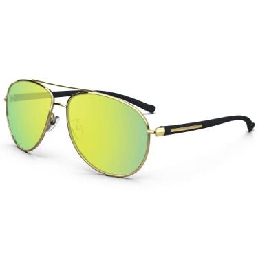 Imagem de SUNTRONS Óculos de sol aviador para homens e mulheres, óculos de sol clássicos masculinos estilo aviador, óculos de sol polarizados com armação de metal de lente espelhada (armação dourada e lente