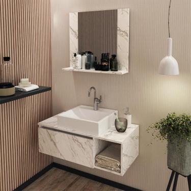 Imagem de Conjunto Gabinete de Banheiro com Cuba e Espelho Mármore Branco