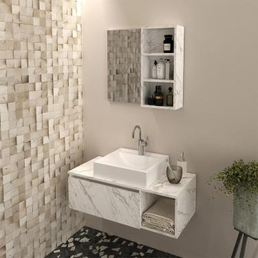 Imagem de Kit Gabinete de Banheiro Suspenso com Cuba e Espelheira Nicho Mármore Branco