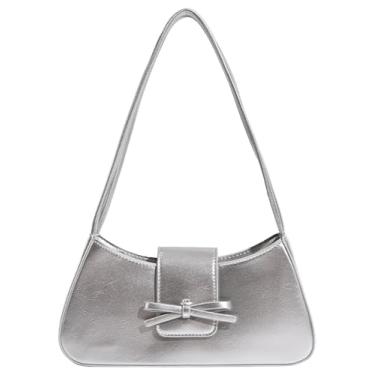 Imagem de Bolsa de ombro prateada, bolsa moderna Y2K de couro vegano, bolsa de mão Hobo, bolsa de mão fofa com laço para mulheres, Prata envernizada.