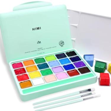 Imagem de HIMI Gouache Paint Set 24 Faarwen x 30ml Premium Jelly Cup Design Kommt mat 3 Paint Pinselen & Palette Gëeegent fir Studenten Kanner Ufänger Kënschtler Einfach ze droen (Gréng Këscht）