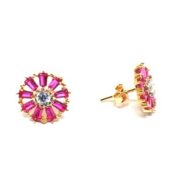 Imagem de Brinco de ouro 18 k Pizza Zirconia - Elegancy Joias, Fúcsia
